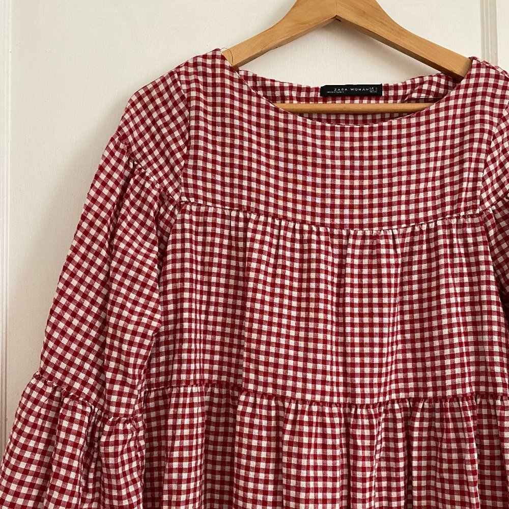 Zara Red White Gingham Tiered Smock Dress, Small - Picture 5 of 6